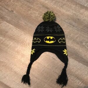 Batman Knit Winter Hat Embroidered Patch Puff Ball Top black yellow